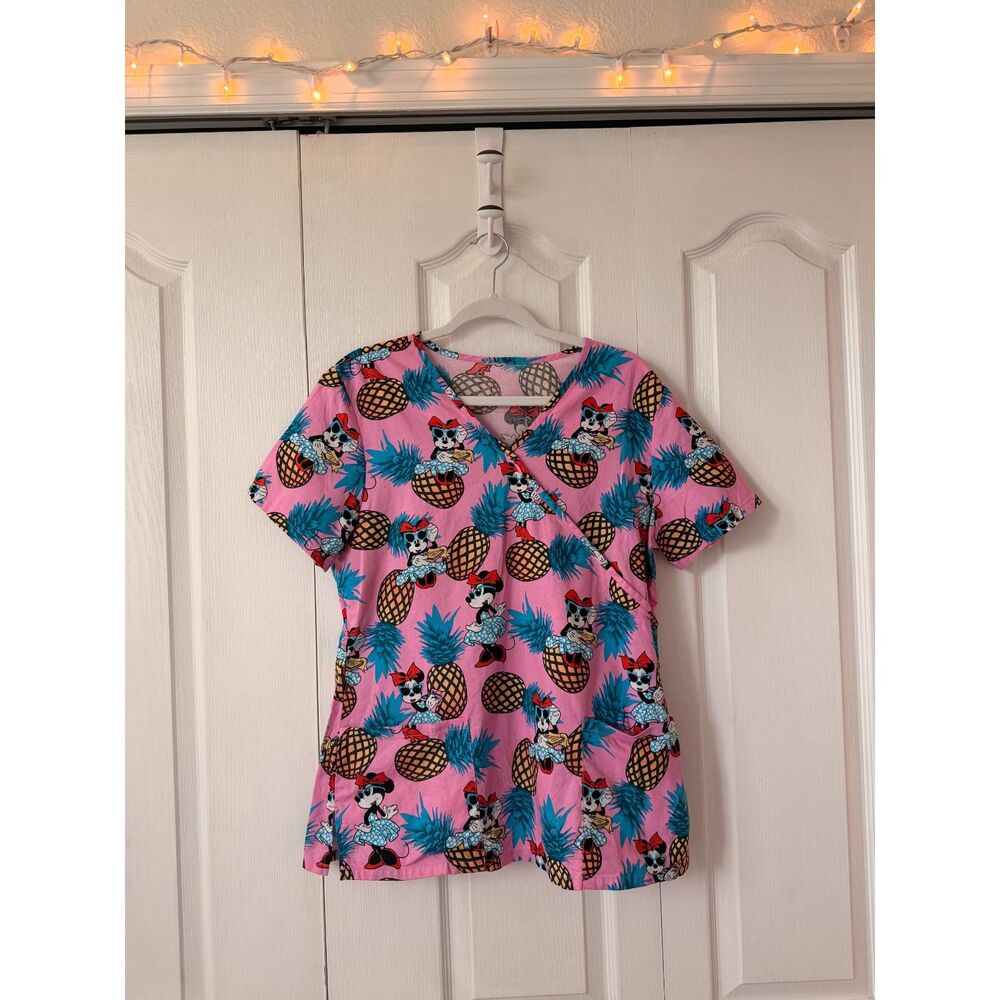 Disney Minnie Mouse Pink Pineapple Tropical Scrub Top, Women's Large